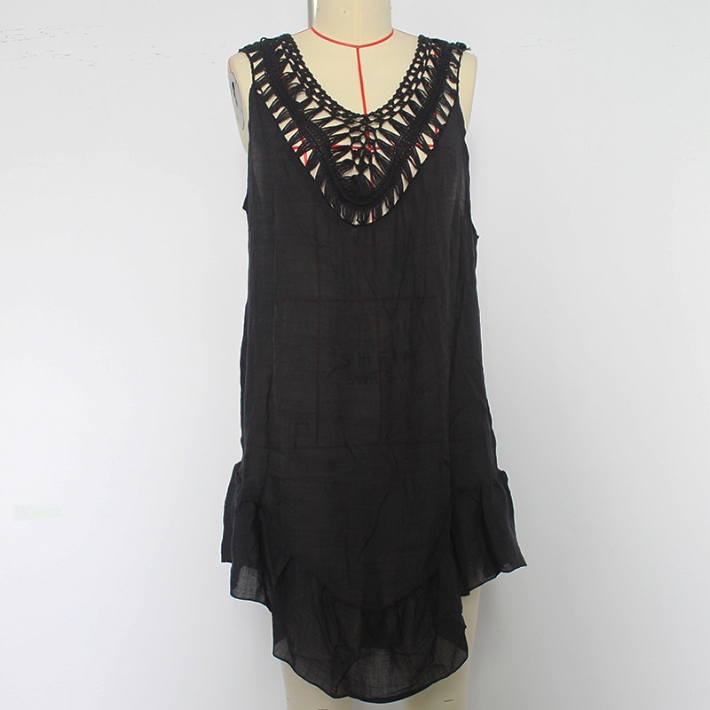 Womens Boho Beach Cover-Up Dress - Crochet V-Neck Sleeveless Mini Dress